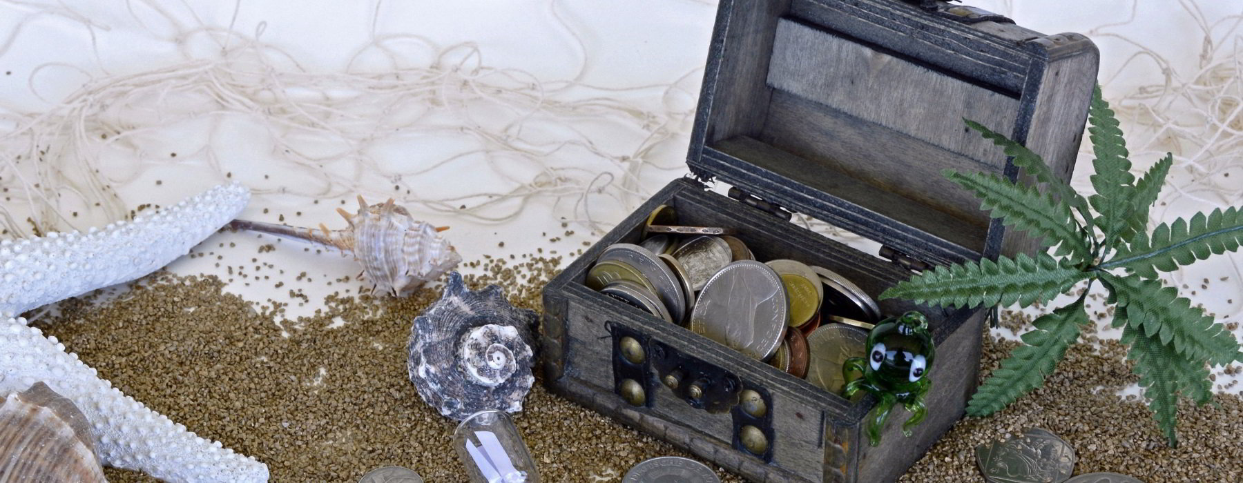 Treasure chest on a beach.